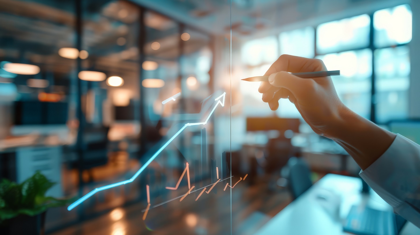 Hand Drawing An Upward Trend Line On Glass In A Modern Office. Business Growth And Financial Success Concept. Ideal For Business Strategies And Financial Reports